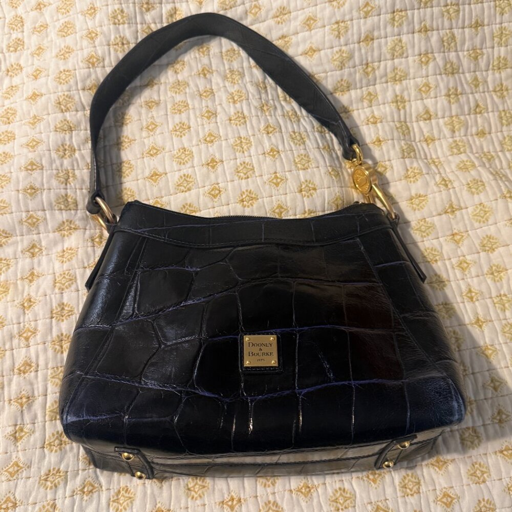 Vintage Dooney & Bourke Croc Embossed Dark Blue Leather Shoulder Bag